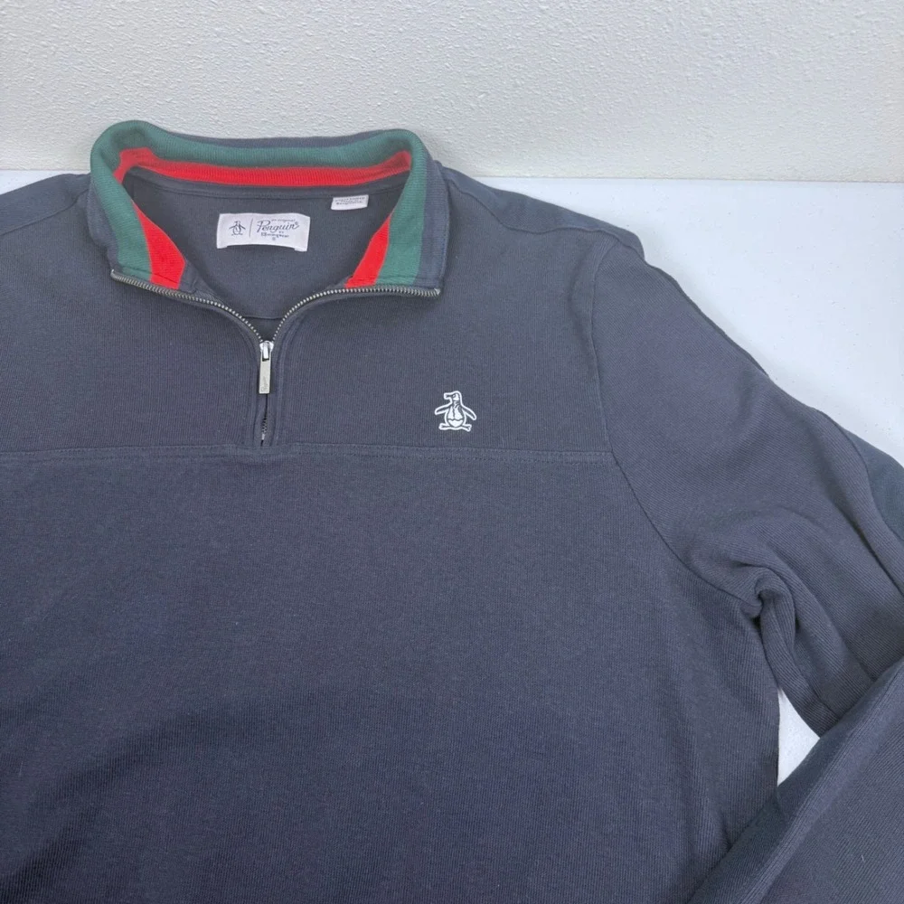 Original Penguin Mens XXL‎ Quarter Zip Pullover Navy Blue Striped Collar Logo
